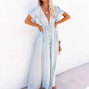 VICI Anika Pocketed Button Down Ruffle Maxi Dress - Waterlily
